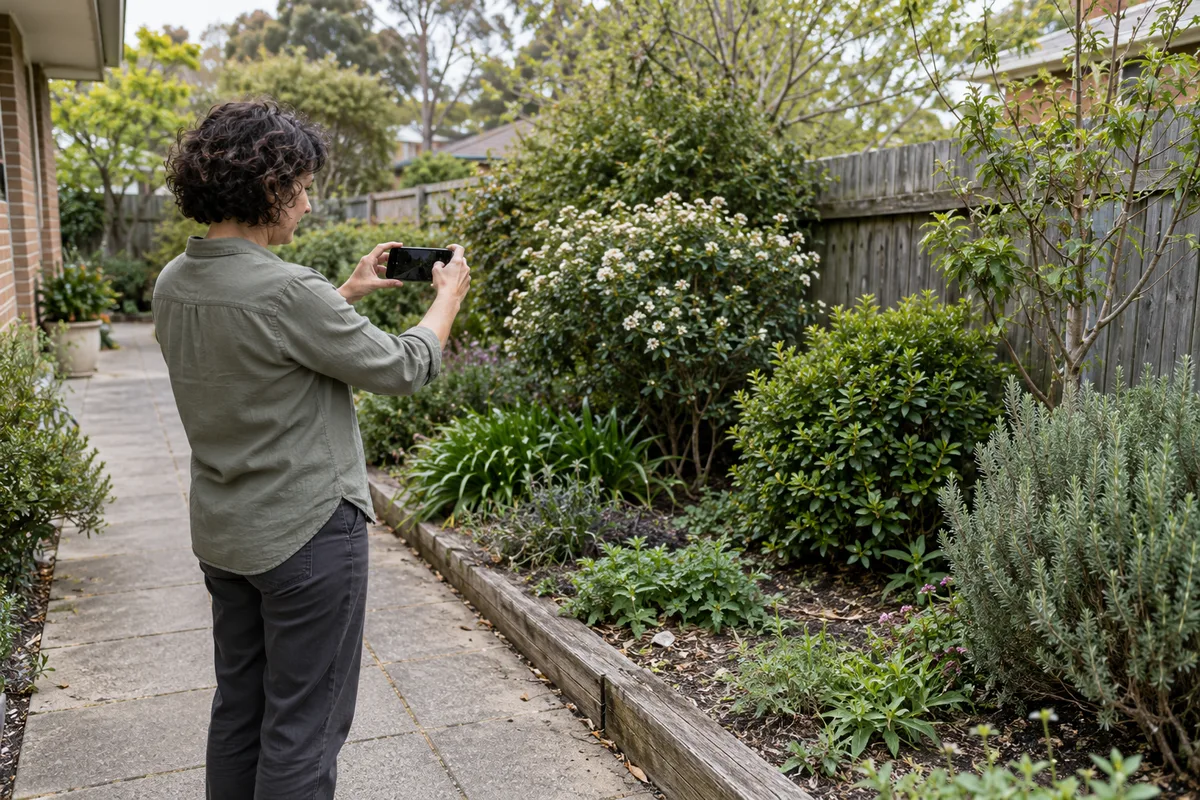 AI-generated editorial scene of an adult photographing a garden bed from a paved path.