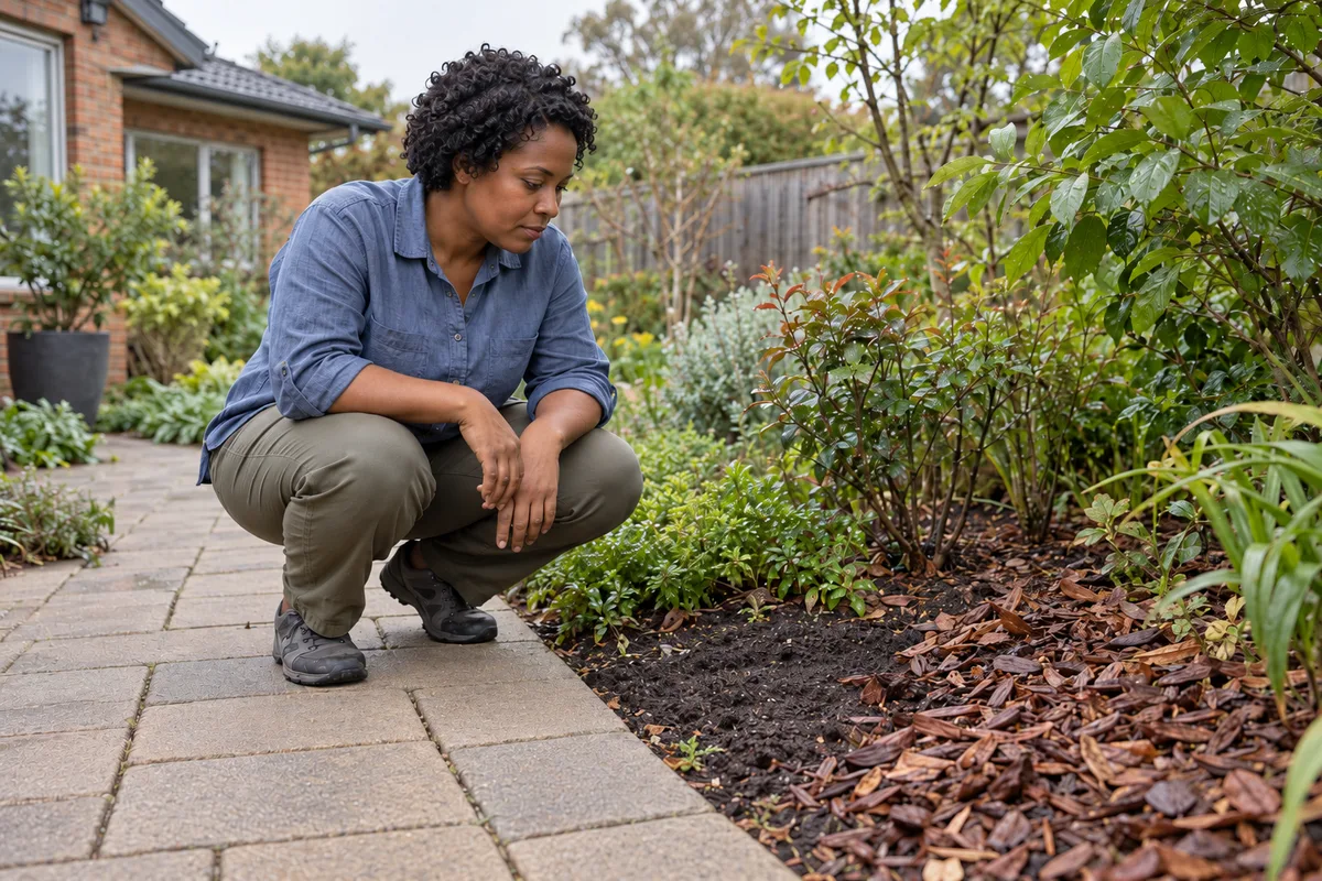 AI-generated editorial scene of an adult observing exposed soil and existing bark mulch from a garden path.