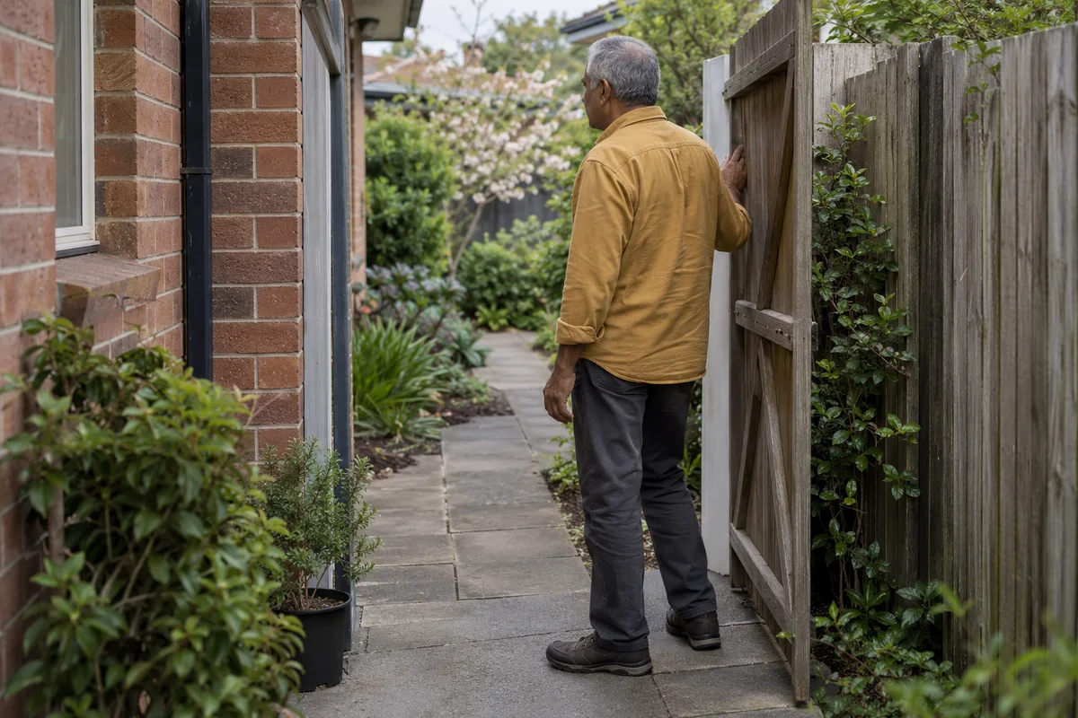 AI-generated editorial scene of an adult checking an open garden gate and paved side-access route.