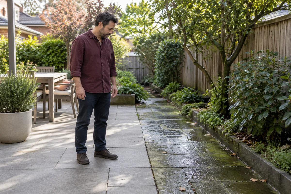 AI-generated editorial scene of an adult on dry paving observing an adjacent shaded damp garden path.